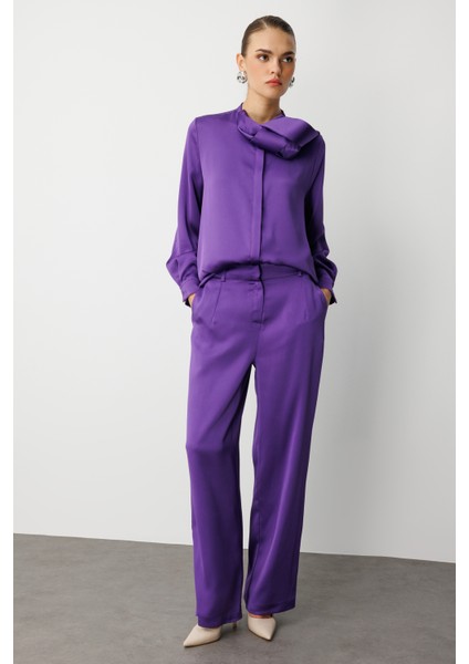 Geniş Paça Mor Saten Şık Pantolon