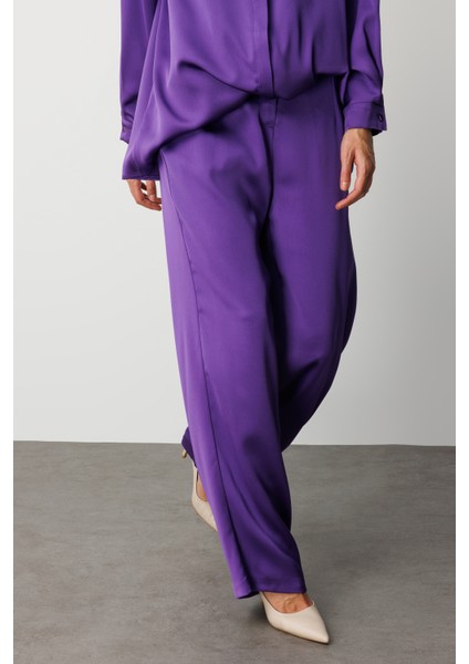 Geniş Paça Mor Saten Şık Pantolon modelleri