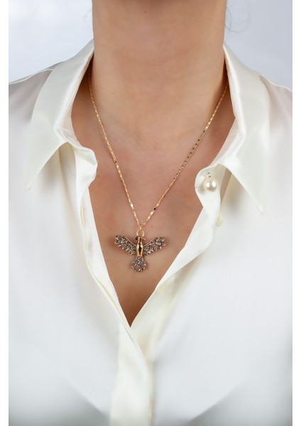 Zirkon Taşlı Bronz Renk Anka Kuş Uçlu Kolye