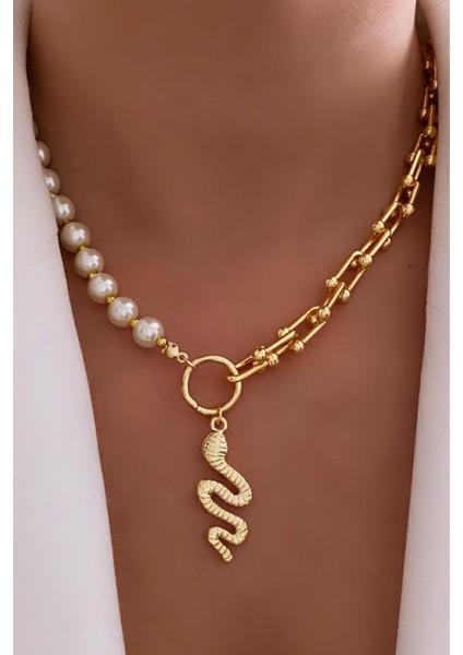 Incili Yılan Figürlü Gold Kolye