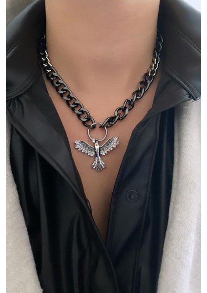 Anka Kuş Figürlü Siyah Gümüş Zincir Kolye