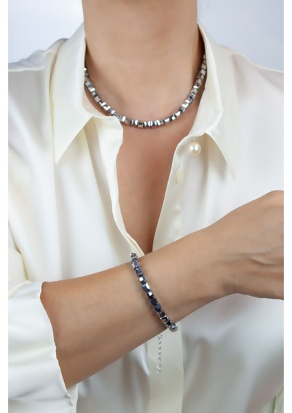 Küp Cam Kristal Kolye Bileklik Set