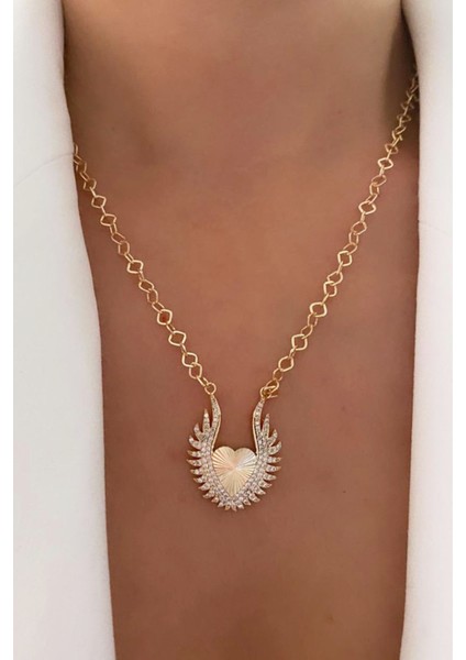 Melek Kanatlı Kalpli Zirkon Kolye