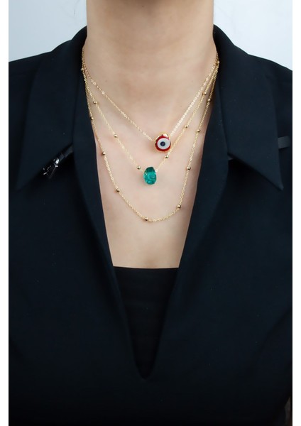 Üç Sıralı Kırmızı Nazar Boncuklu Gold Renk Kadın Kolye