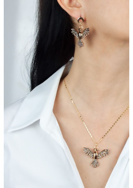 Zirkon Taşlı Anka Kuş Kolye Küpe Set