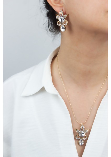 Kristal Uçlu Abiye Şık Kolye Küpe Set