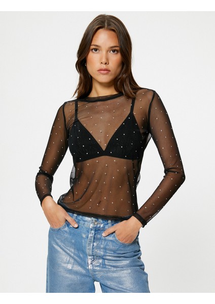 Transparan Tişört Parlak Taşlı Uzun Kollu Bisiklet Yaka modelleri