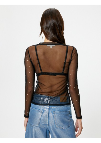 Transparan Tişört Parlak Taşlı Uzun Kollu Bisiklet Yaka fırsatları