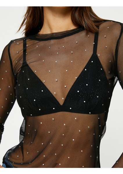 Transparan Tişört Parlak Taşlı Uzun Kollu Bisiklet Yaka indirimleri