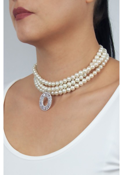 Üç Sıralı Cam Inci Zirkon Uçlu Kolye