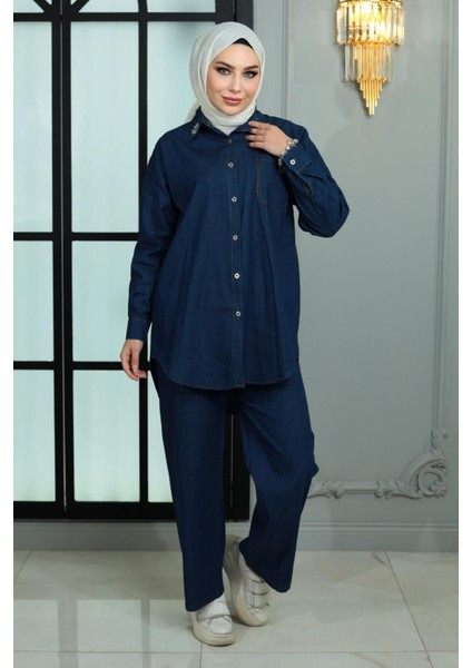 Yakası Taşlı Kot Takım Koyu Mavi MSW19183