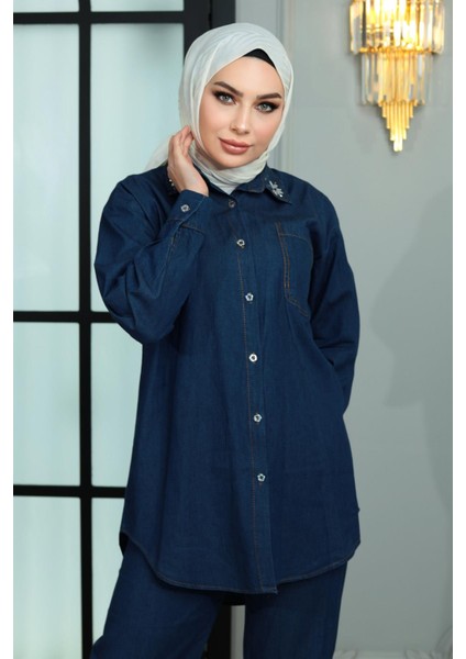 Yakası Taşlı Kot Takım Koyu Mavi MSW19183 fiyatları