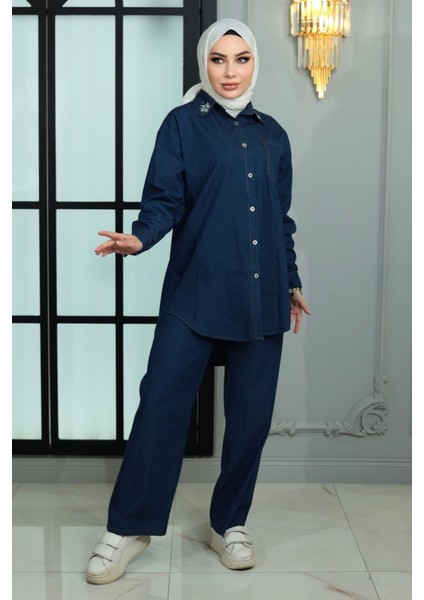 Yakası Taşlı Kot Takım Koyu Mavi MSW19183 modelleri