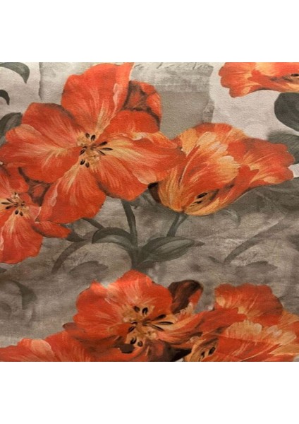 Döşemelik Kumaş-Yıkanabilir Kumaş-Dijital Baskılı-Turuncu Çiçek Desenli Koltuk Kumaşı