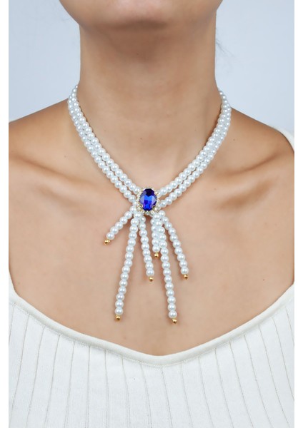 Safir Taş Görünümlü Cam Inci Kolye