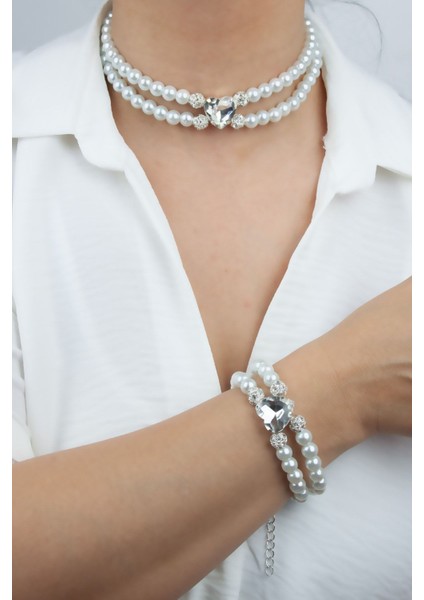 Kalp Kristal Cam Inci Kolye Bileklik Set