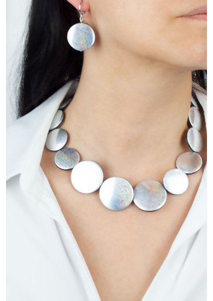 Yuvarlak Tasasrım Simli Kadın Kolye Küpe Set