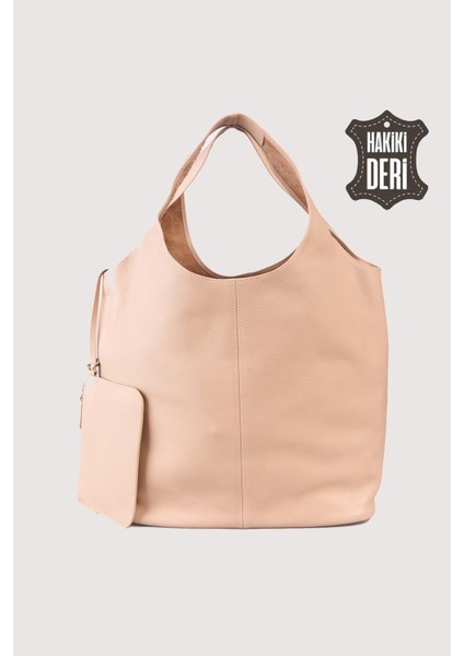 Hakiki Deri Kadın Omuz Çantası Pudra SMR9199