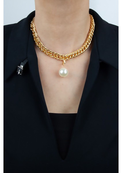 Inci Detay Örgü Zincir Gold Kolye