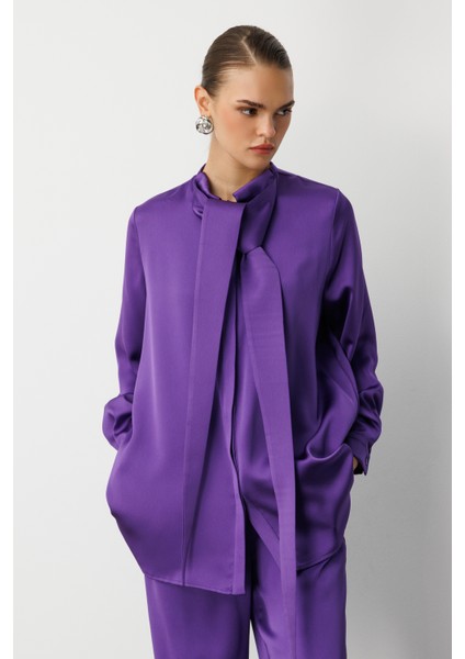 Uzun Fular Detaylı Mor Saten Şık Bluz fiyatları