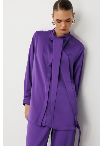 Uzun Fular Detaylı Mor Saten Şık Bluz modelleri
