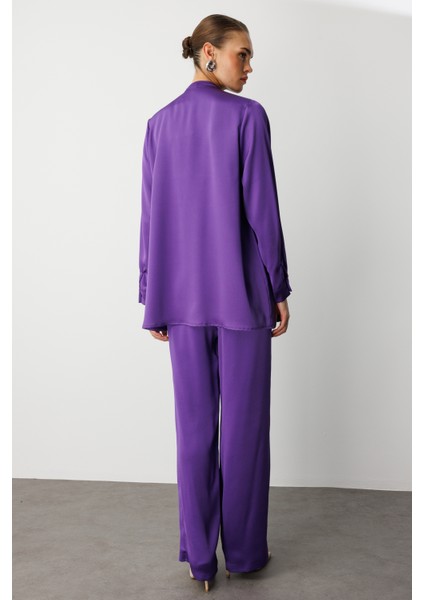 Uzun Fular Detaylı Mor Saten Şık Bluz fırsatları