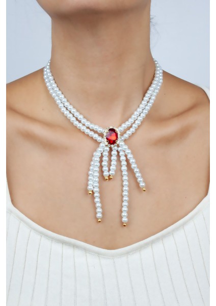 Zümrüt Taş Görünümlü Cam Inci Kolye