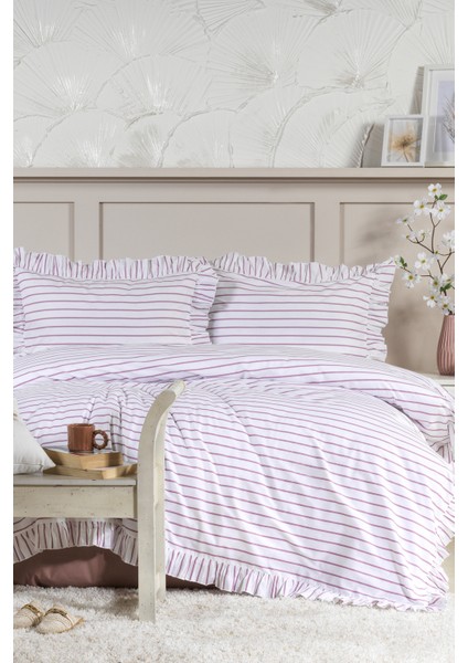 Lara Nevresim Takımı Çift Kişilik Lastikli Çarşaf %100 Pamuk Ranforce Fırfırlı (200X220 Cm) Gülkurusu