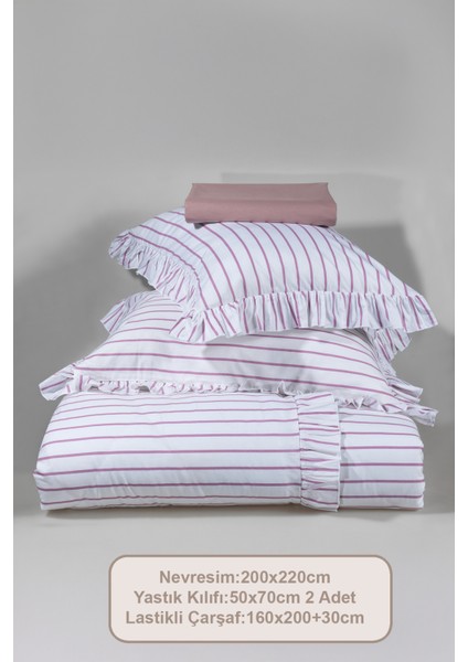 Lara Nevresim Takımı Çift Kişilik Lastikli Çarşaf %100 Pamuk Ranforce Fırfırlı (200X220 Cm) Gülkurusu