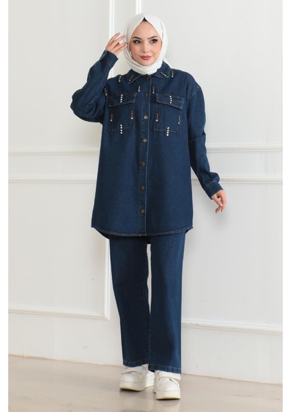 Cepli Taş Detaylı Kot Takım Koyu Mavi 19207