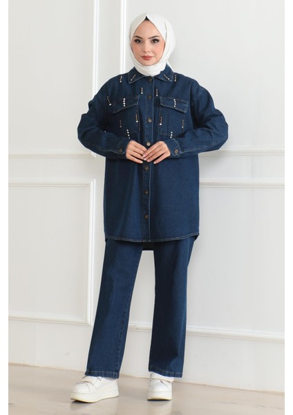 Cepli Taş Detaylı Kot Takım Koyu Mavi 19207 modelleri