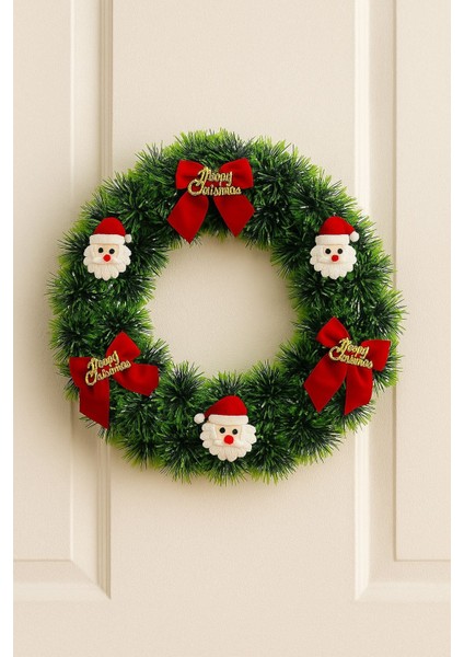 Yılbaşı Kapı Süsü Merry Christmas Çelenk 30 cm Kırmızı Kurdeleli & Noel Baba Dekoru