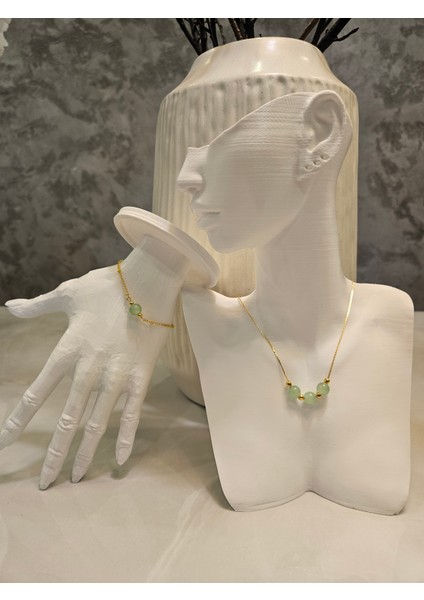 Minimalist Yeşil Taşlı Kolye ve Bileklik Set -Kc Altın Kaplama