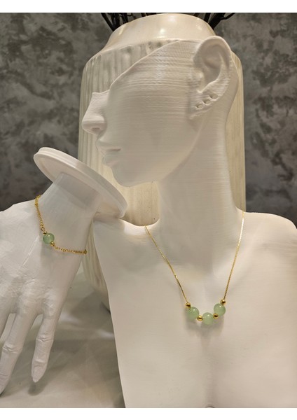 Minimalist Yeşil Taşlı Kolye ve Bileklik Set -Kc Altın Kaplama fiyatları