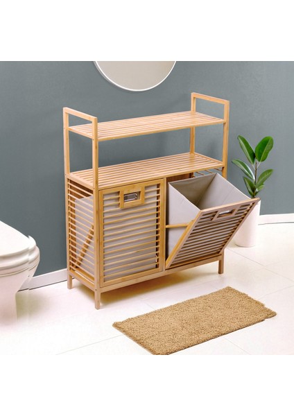 Bambu 2'li Kirli Sepetli 2 Raflı Çok Amaçlı Banyo Düzenleyici Çamaşır Sepeti DB-0040