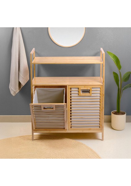 Bambu 2'li Kirli Sepetli 2 Raflı Çok Amaçlı Banyo Düzenleyici Çamaşır Sepeti DB-0040 modelleri