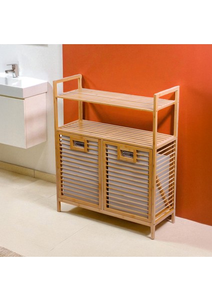 Bambu 2'li Kirli Sepetli 2 Raflı Çok Amaçlı Banyo Düzenleyici Çamaşır Sepeti DB-0040 fırsatları
