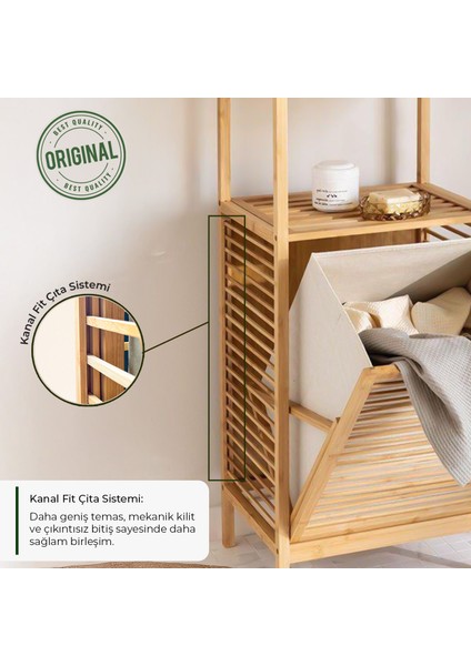 Bambu 2'li Kirli Sepetli 2 Raflı Çok Amaçlı Banyo Düzenleyici Çamaşır Sepeti DB-0040