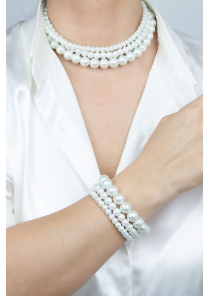 Üç Sıralı Cam Inci Kolye Bileklik Set