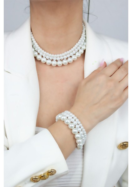 Üç Sıralı Cam Inci Kolye Bileklik Set modelleri