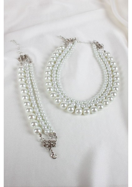 Üç Sıralı Cam Inci Kolye Bileklik Set fırsatları