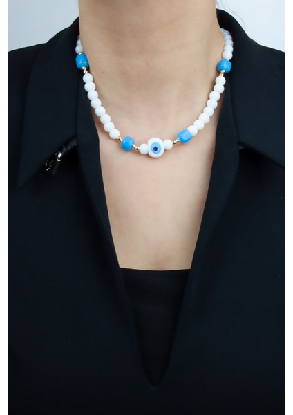 Oniks Doğaltaş Boncuk ve Nazar Boncuğu Gold Detaylı Kolye