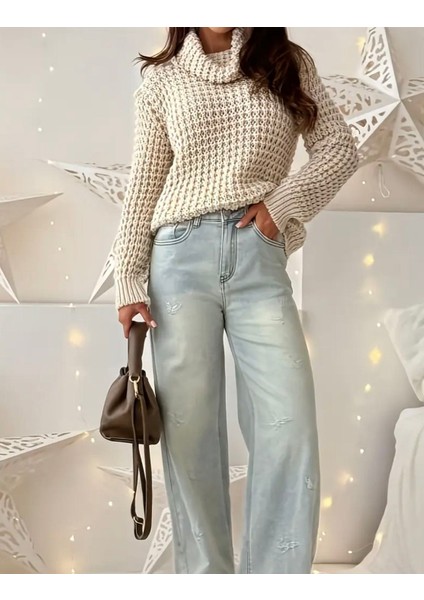 Salaş Dokulu Boğazlı Triko Kazak - Bej modelleri