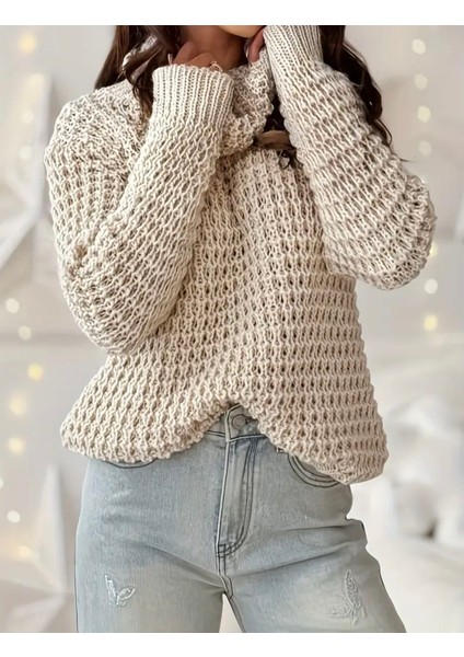 Salaş Dokulu Boğazlı Triko Kazak - Bej fırsatları