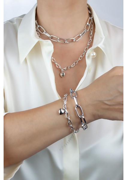 Çift Sıralı Kalp Detay Gümüş Renk Kolye Bileklik Set