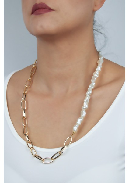 Asimetrik Inci Gold Zincir Kolye
