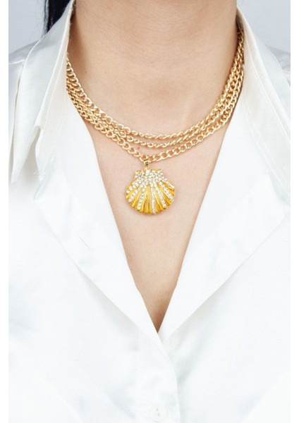 Zirkon Taşlı Istiridye Uçlu Gold Kolye