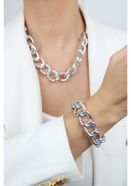 Kalın Halka Gümüş Renk Kolye Bileklik Set