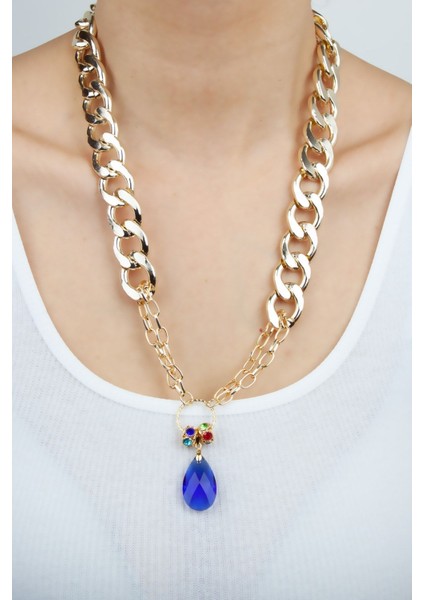 Kalın Zincir Mavi Kristal Uçlu Kolye