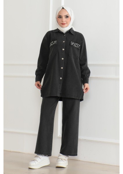 Düğmeli Taş Detaylı Kot Takım Füme 19285